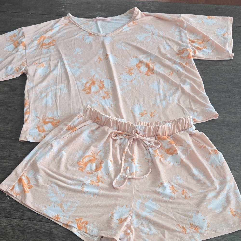 Blue Blush Peach Floral Short Pajama Set